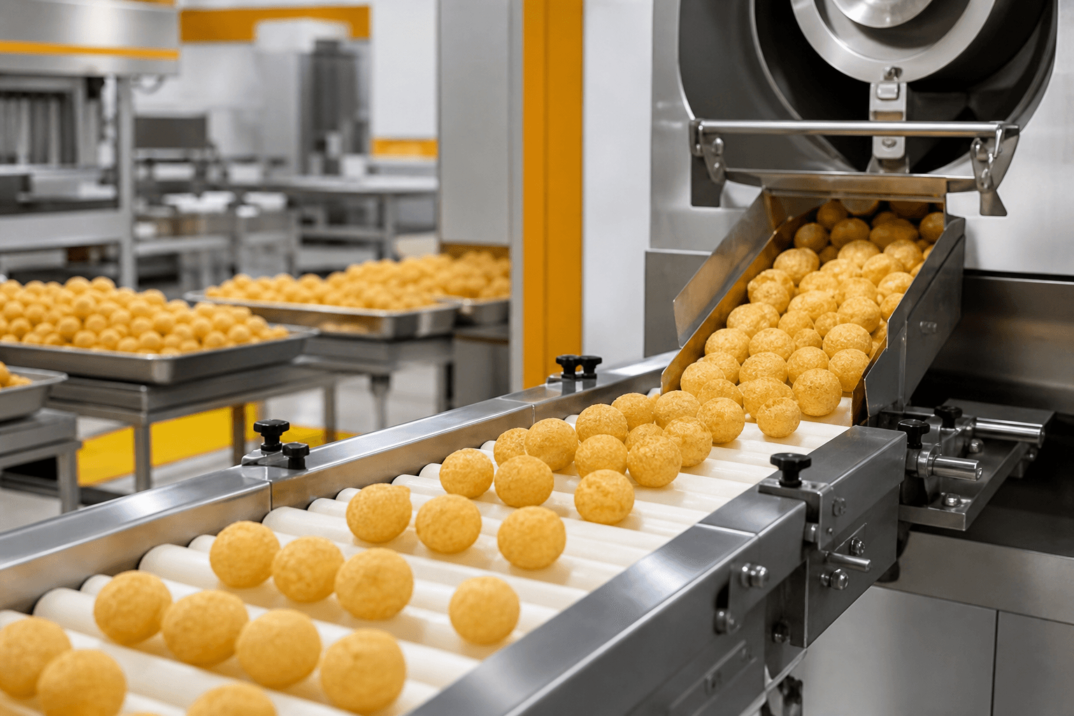 Modern production line with uniform pani puri puris